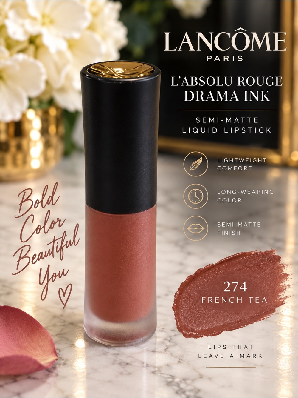 Lancôme L’Absolu Rouge Drama Ink 274 French Tea Semi Matte Liquid Lipstick